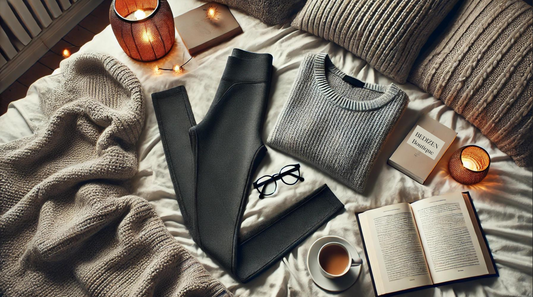 Cozy indoor scene showcasing a pair of high-waisted leggings and a matching sweater top laid out on a soft bed, with a cup of coffee and a book nearby, creating a relaxed and stylish loungewear vibe.