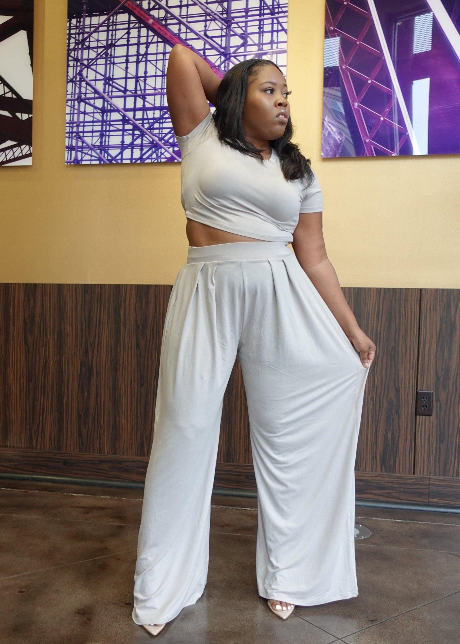 Comfy pant set with a cropped top and wide leg pants. Model is 5'2, 150 lbs, wearing size Medium.