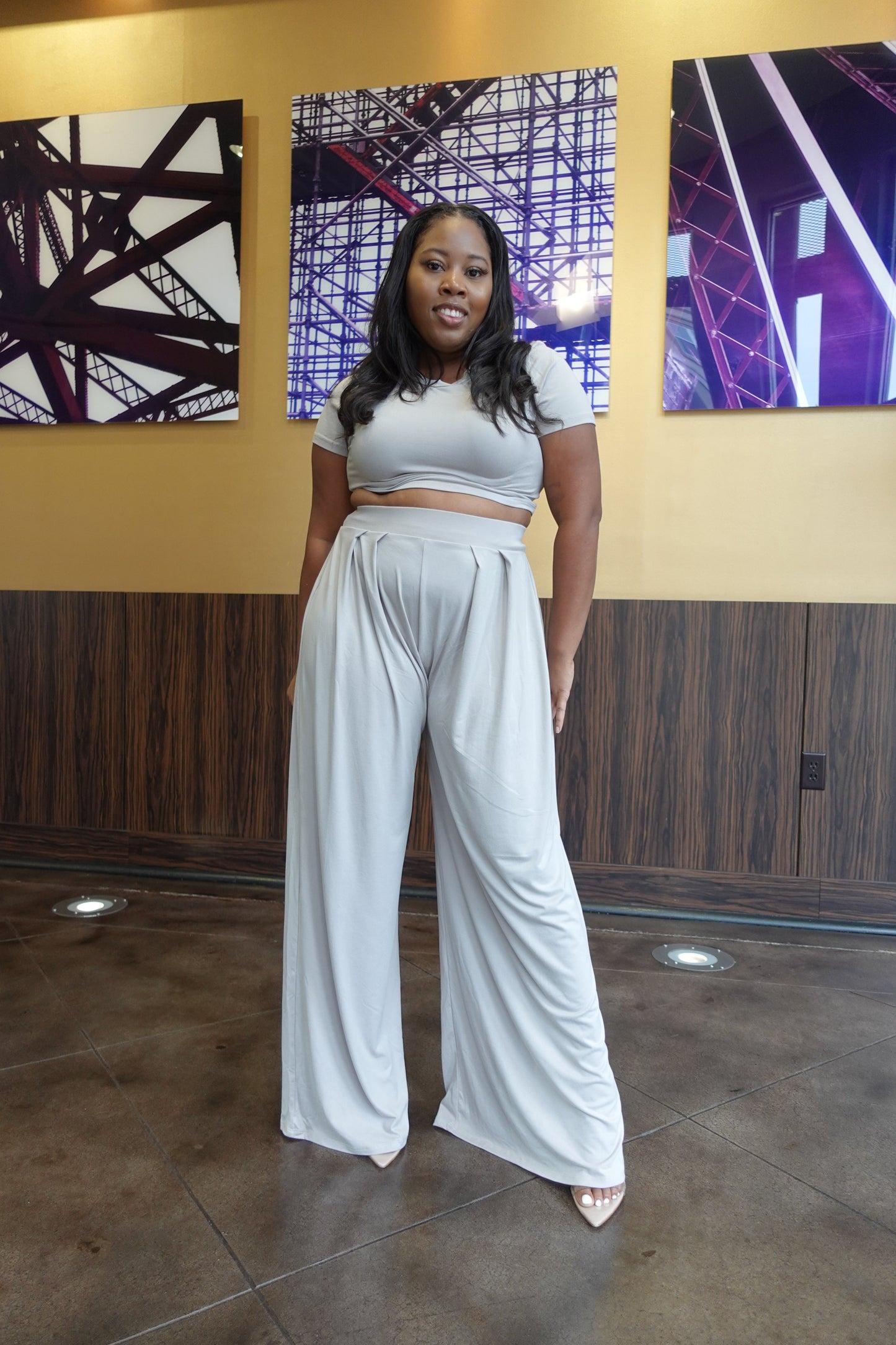 Comfy pant set with a cropped top and wide leg pants. Model is 5'2, 150 lbs, wearing size Medium.