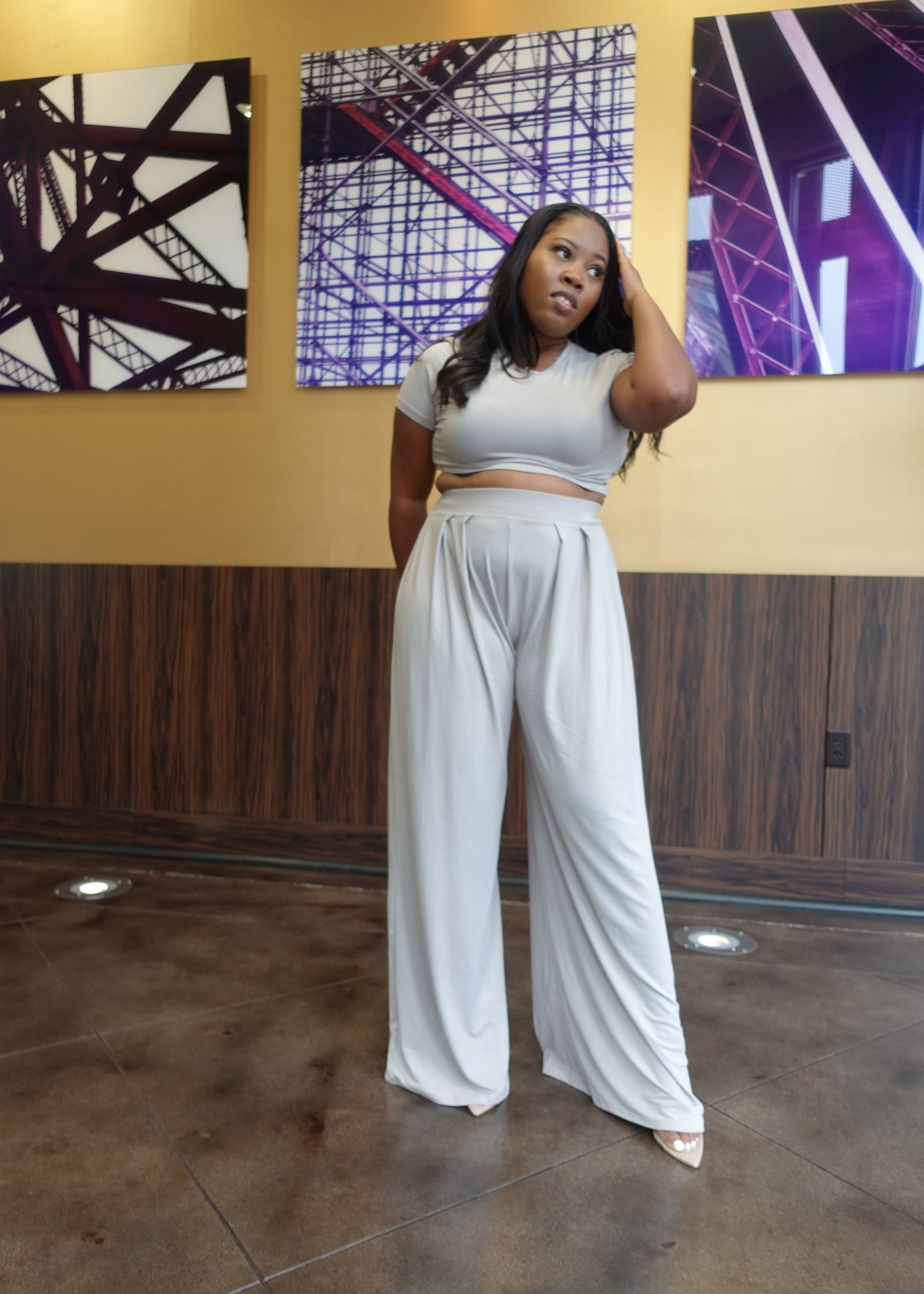 Comfy pant set with a cropped top and wide leg pants. Model is 5'2, 150 lbs, wearing size Medium.