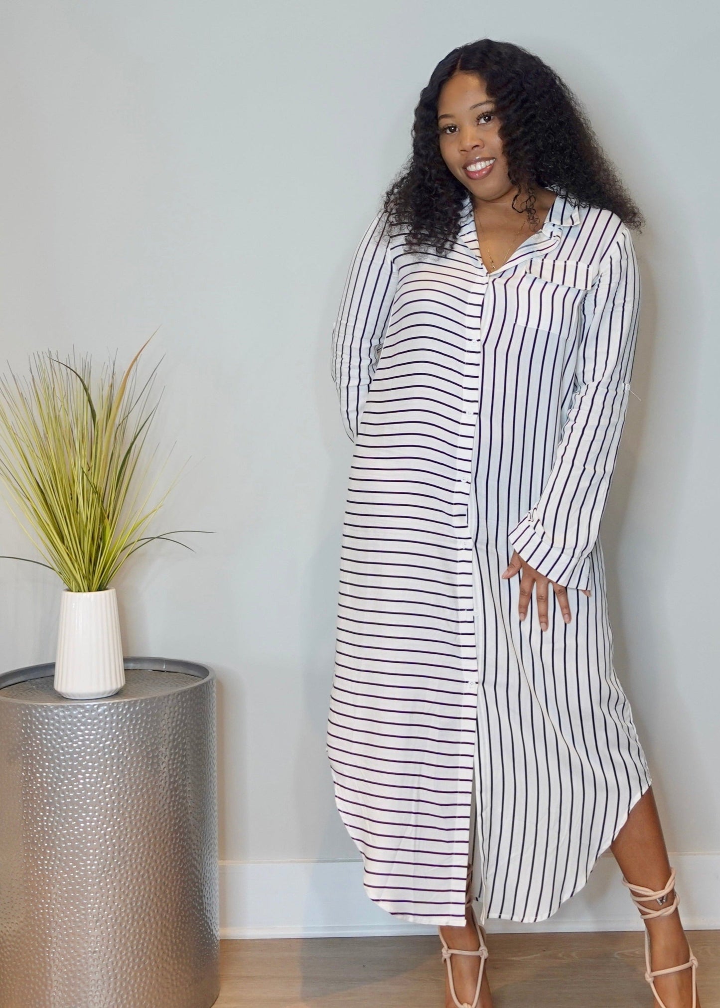 Striped oversized go-to shirt dress, perfect for day or night. Model is 5'2, 156 lbs, wearing size Medium.