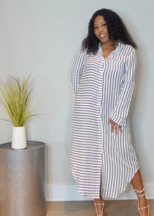  Striped Collared Button-Front Shirt Dress