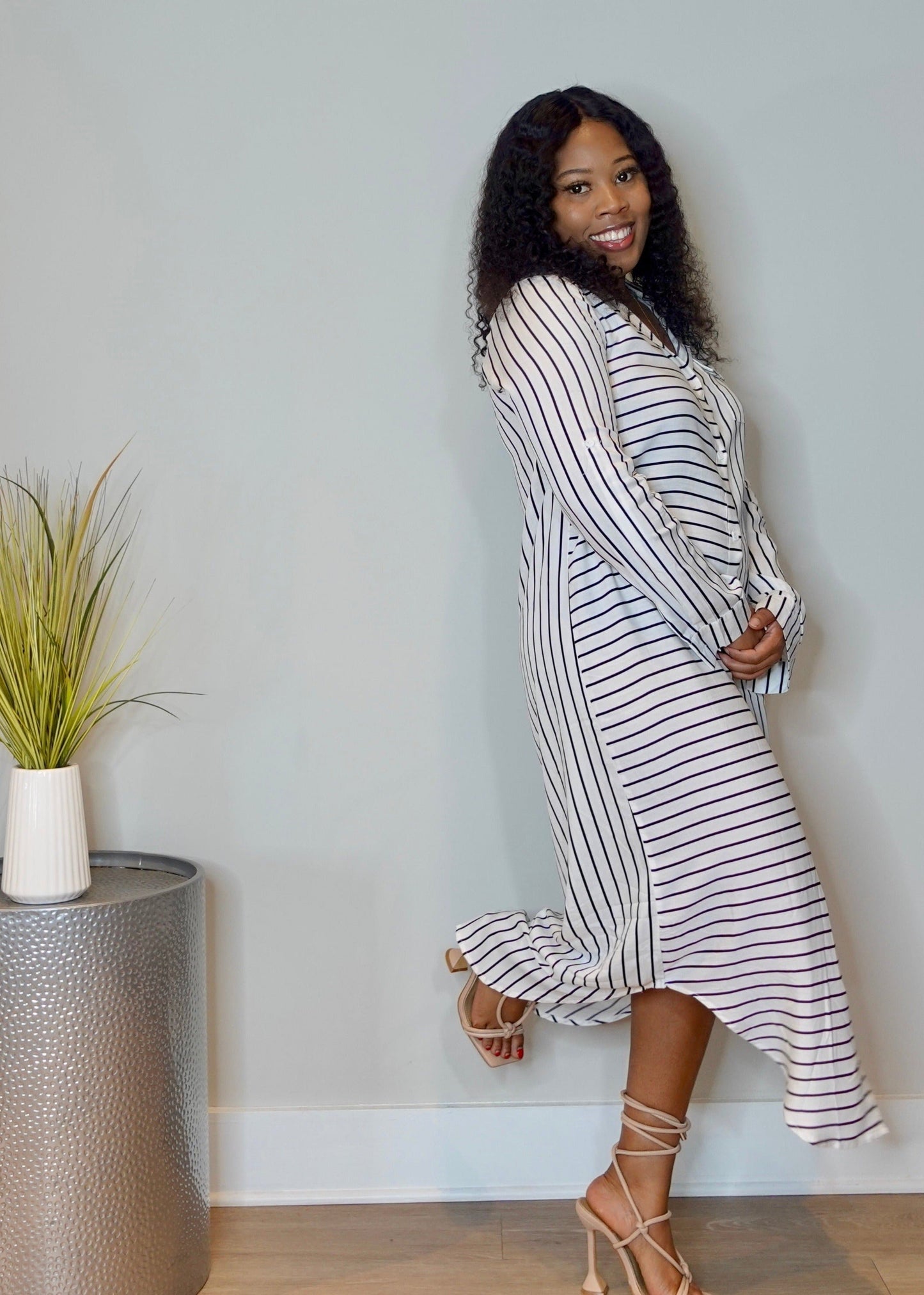 Striped oversized go-to shirt dress, perfect for day or night. Model is 5'2, 156 lbs, wearing size Medium.